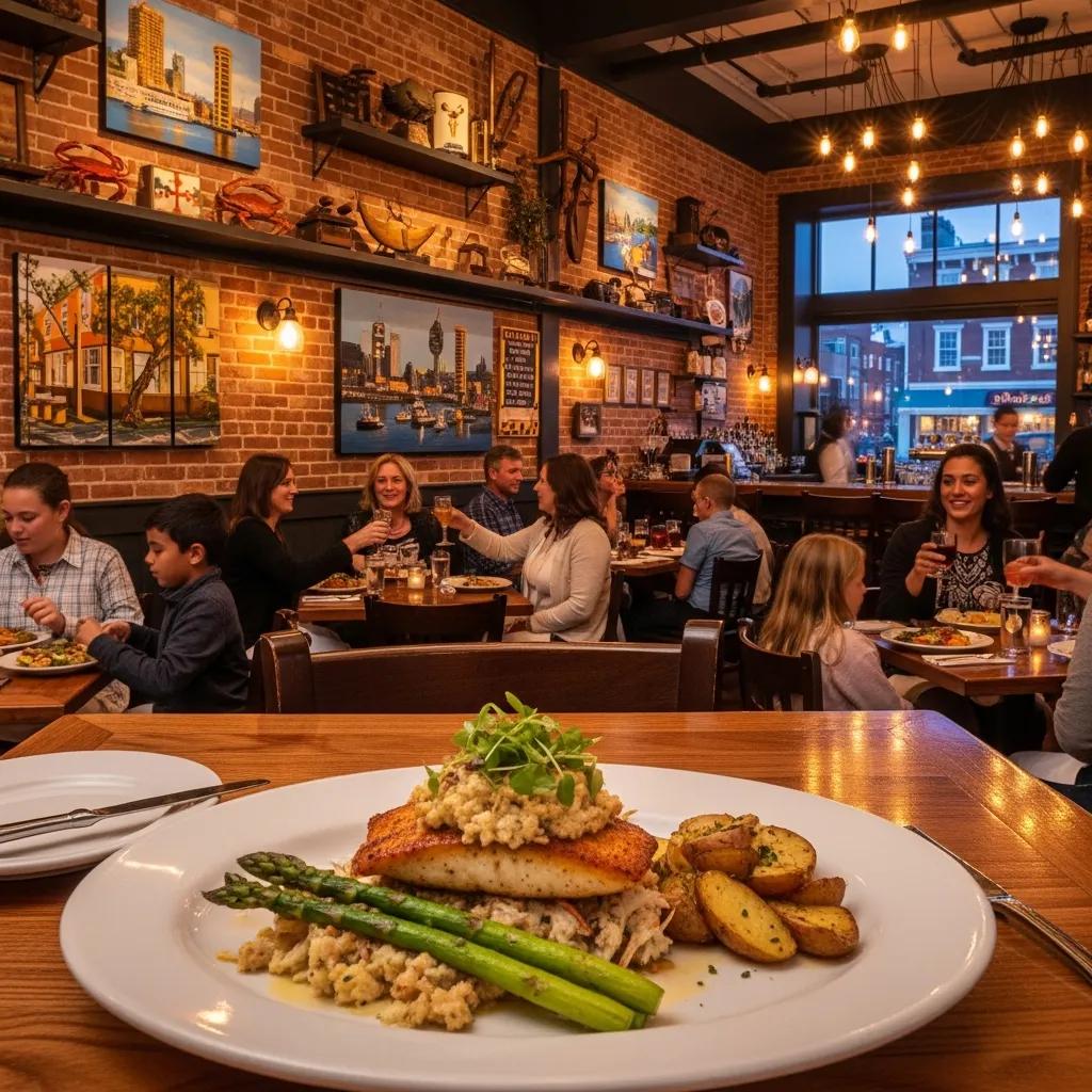 Vibrant Baltimore restaurant interior with diners enjoying meals and beautifully presented dishes