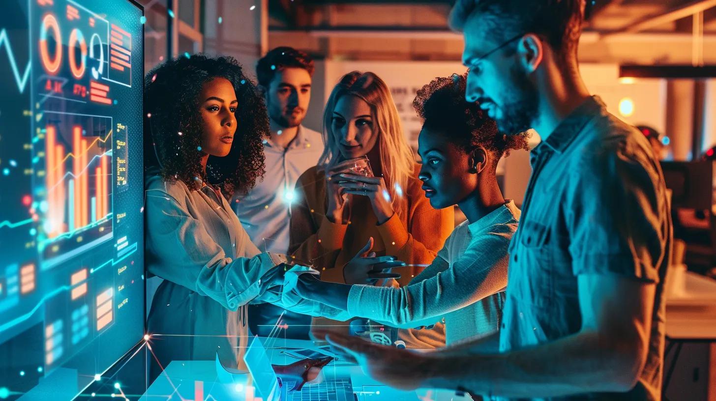 Group of diverse professionals collaborating around a digital interface displaying data analytics and graphs, emphasizing innovative recruitment strategies and digital marketing for attracting talent.