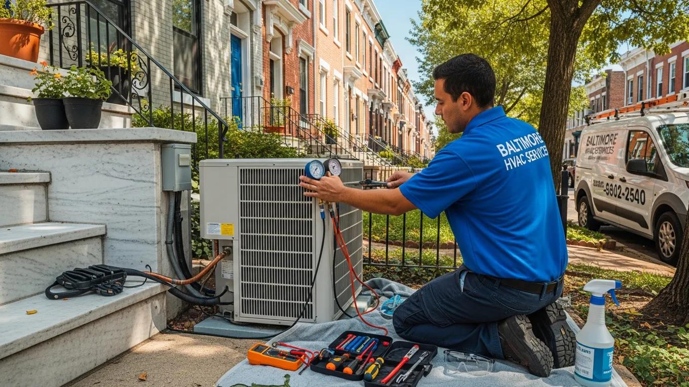 Baltimore HVAC technician servicing air conditioning unit in Hampden neighborhood