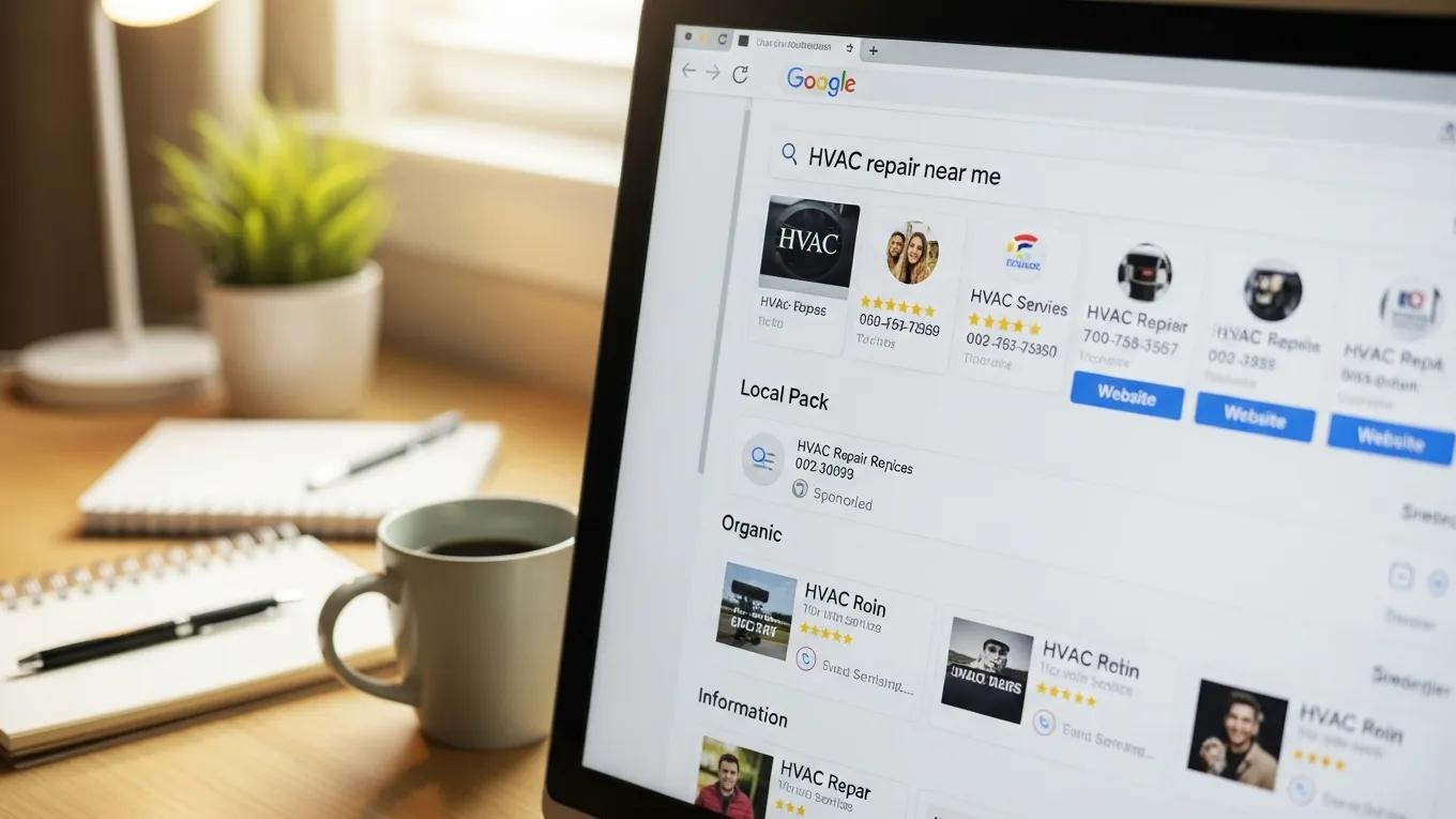Computer screen showing Google search results for local HVAC services in Baltimore