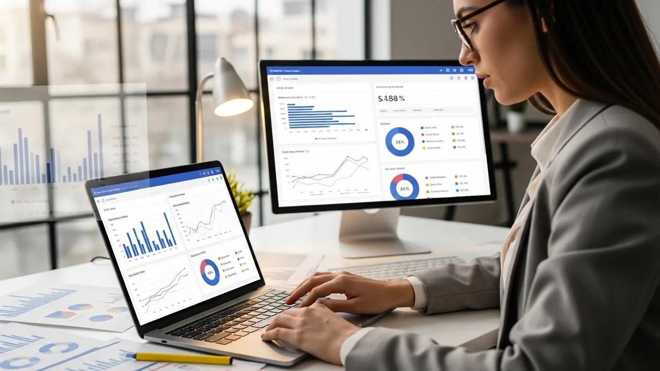 Digital marketing professional analyzing PPC data in a modern office