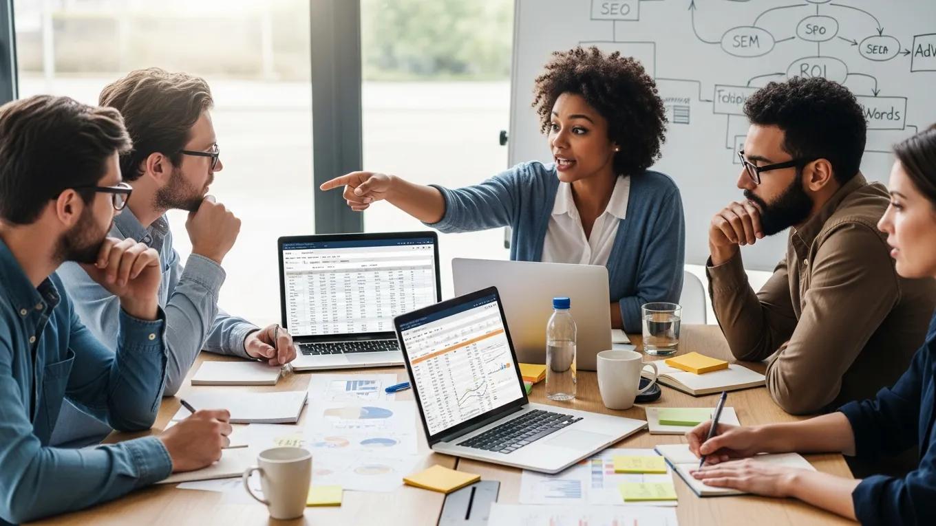 Diverse team brainstorming PPC strategies in a collaborative environment