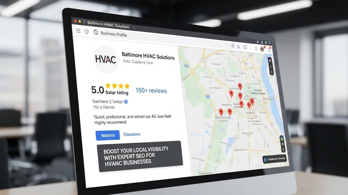Google Business Profile for an HVAC company with Baltimore map background, illustrating local SEO strategies