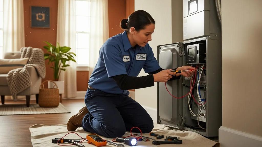 HVAC technician servicing a heating and cooling system in a Baltimore home, highlighting local HVAC expertise