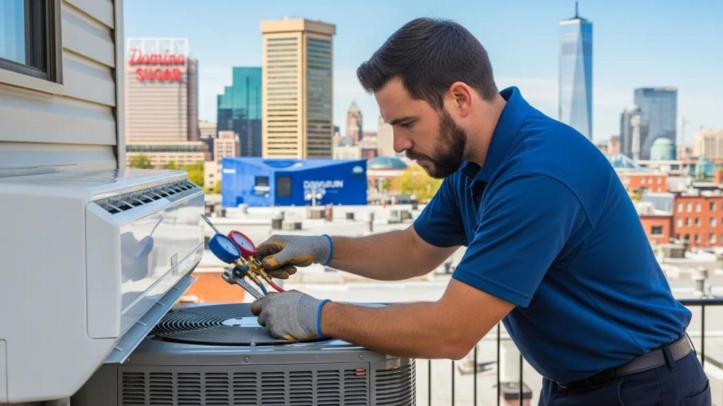 HVAC technician servicing an air conditioning unit in Baltimore, emphasizing high-quality service and local expertise