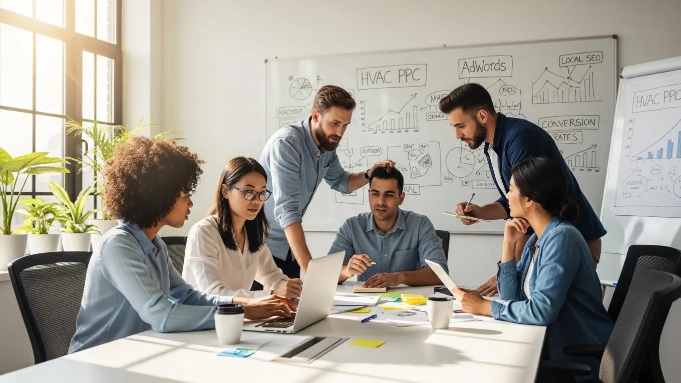 Marketing team discussing PPC strategies for HVAC services in a modern office