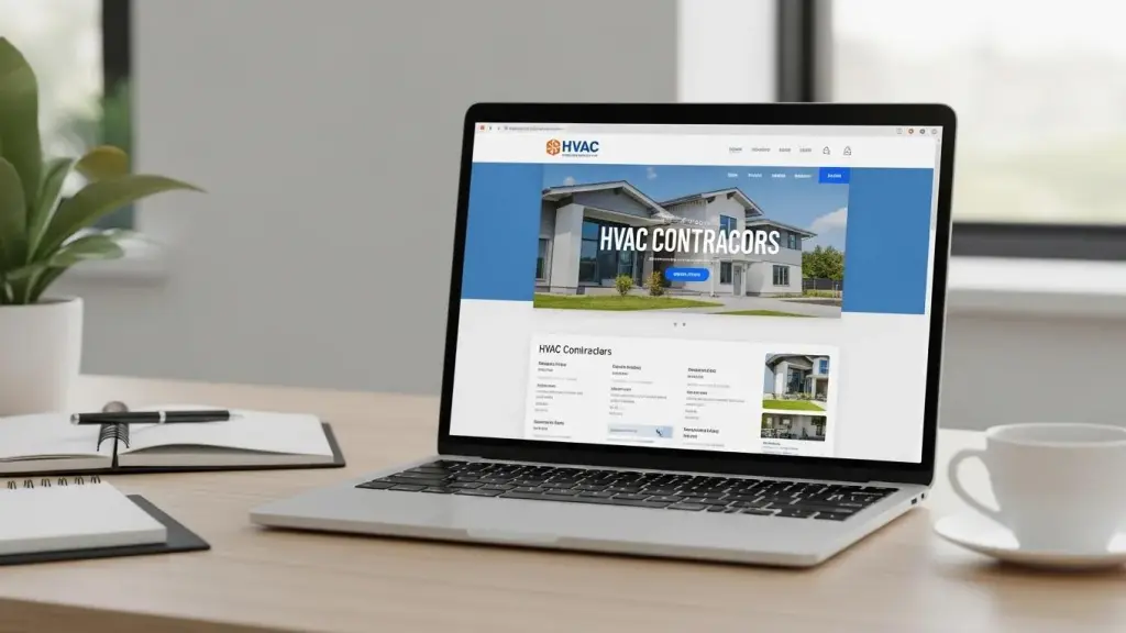 Modern HVAC website design displayed on a laptop in a professional office setting
