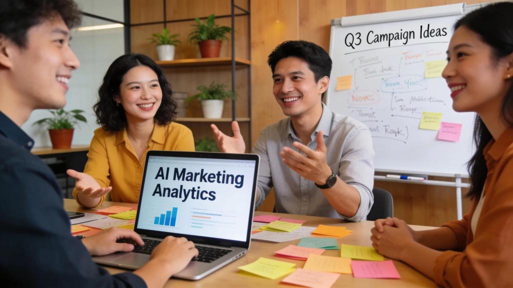 Small business owners collaborating on AI marketing strategies in a modern office setting