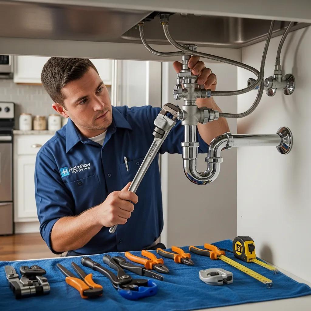 Plumber working on pipes in a modern home, showcasing plumbing expertise and service quality