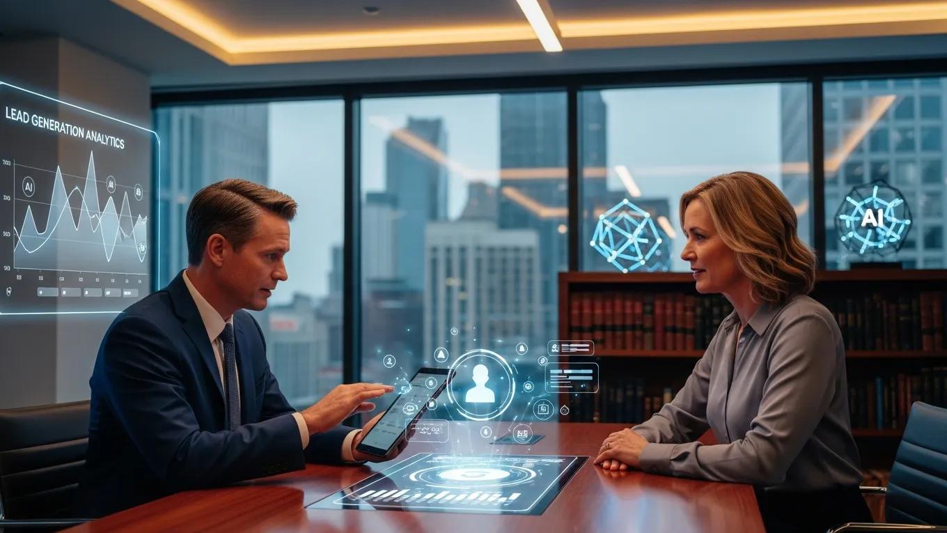 Lawyer engaging with a client using AI tools for lead generation in a modern office