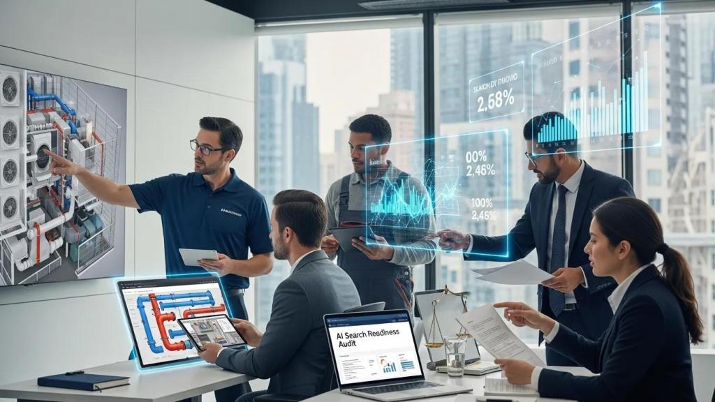Professionals collaborating in a modern office setting focused on AI search readiness for service businesses