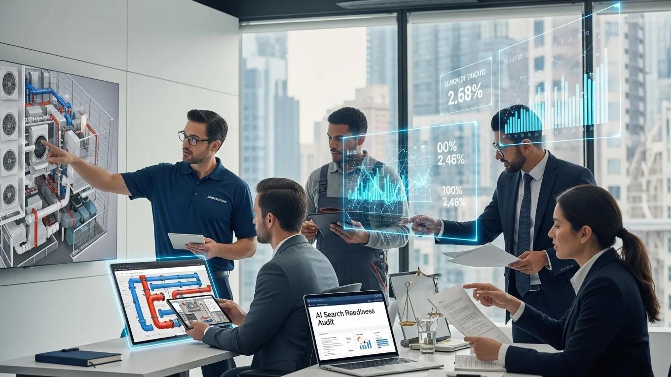 Professionals collaborating in a modern office setting focused on AI search readiness for service businesses
